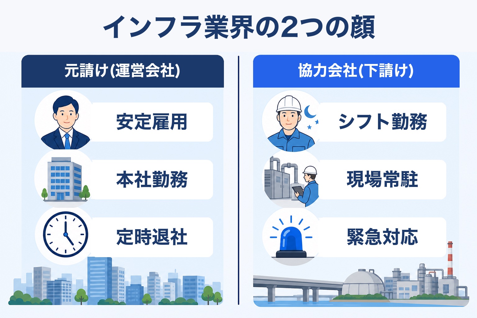 インフラ業界の元請け(運営会社)と協力会社(下請け)の働き方の違いを比較した図解。元請けは安定雇用・本社勤務・定時退社、協力会社はシフト勤務・現場常駐・緊急対応が特徴