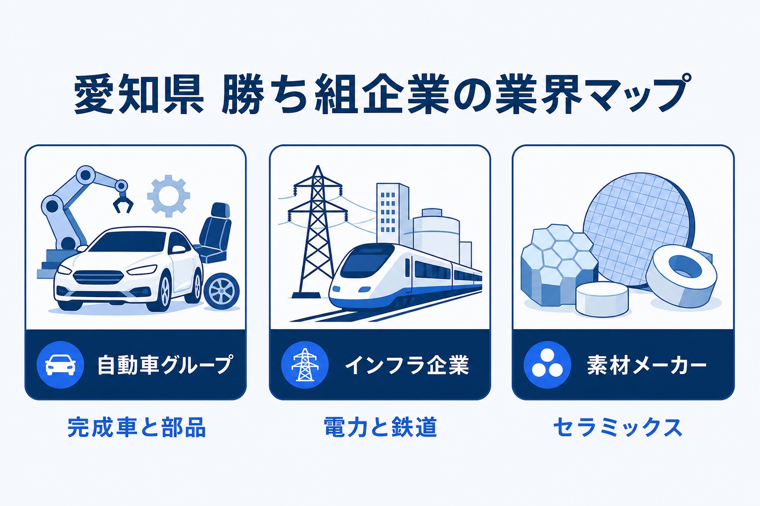 愛知県の勝ち組企業を自動車グループ・インフラ企業・素材メーカーの3業界に分けた業界マップの図解