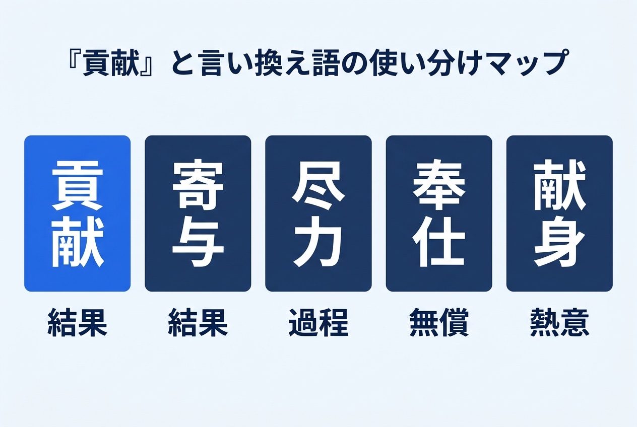 「貢献」と言い換え語(寄与・尽力・奉仕・献身)の使い分けとニュアンスの違いを示す図解