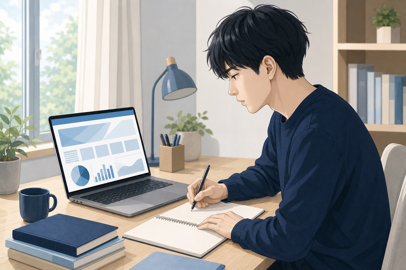 就活生が自宅でノートパソコンを見ながら企業研究のメモを取っている様子