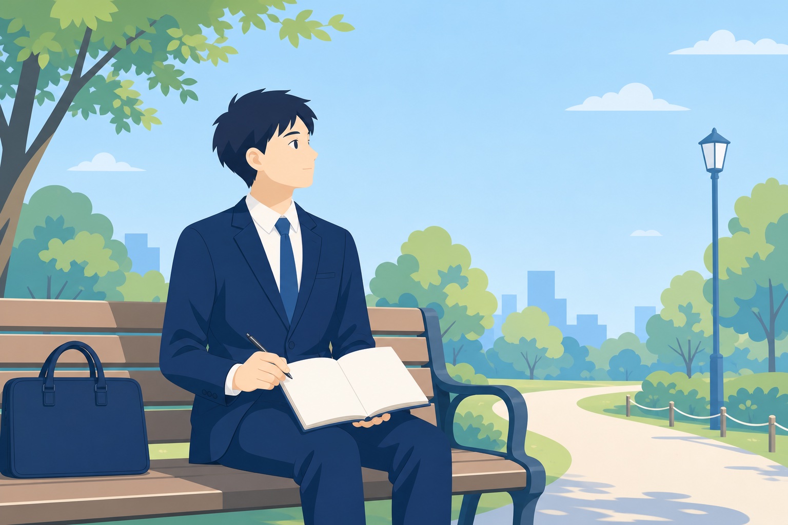 就活スーツ姿の学生が公園のベンチで自己分析ノートを広げて考えているイラスト