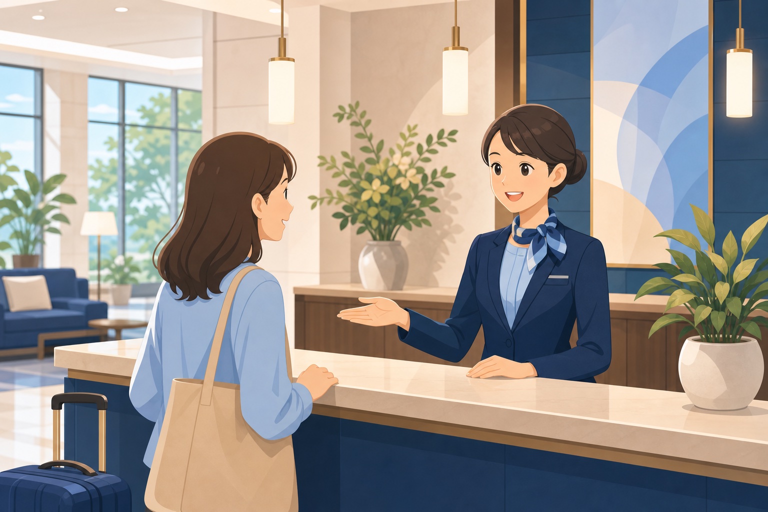 ホテルのフロントでスタッフが来客に笑顔で対応している様子のイラスト