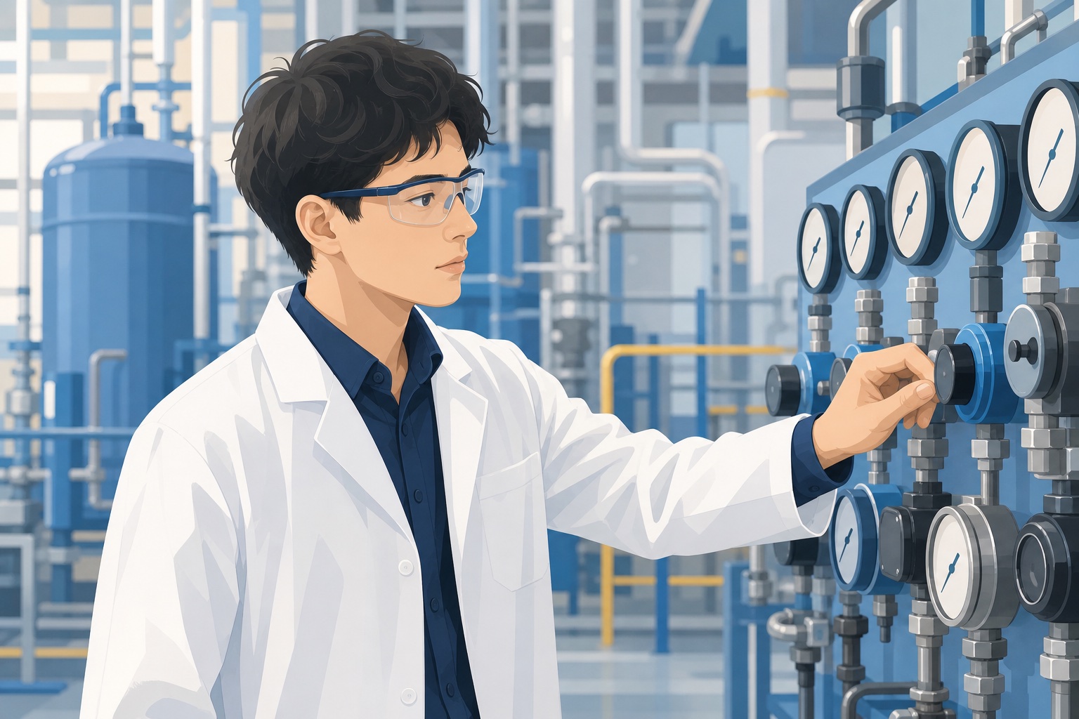 化学プラントの制御盤を確認する白衣姿の若手研究者のイラスト