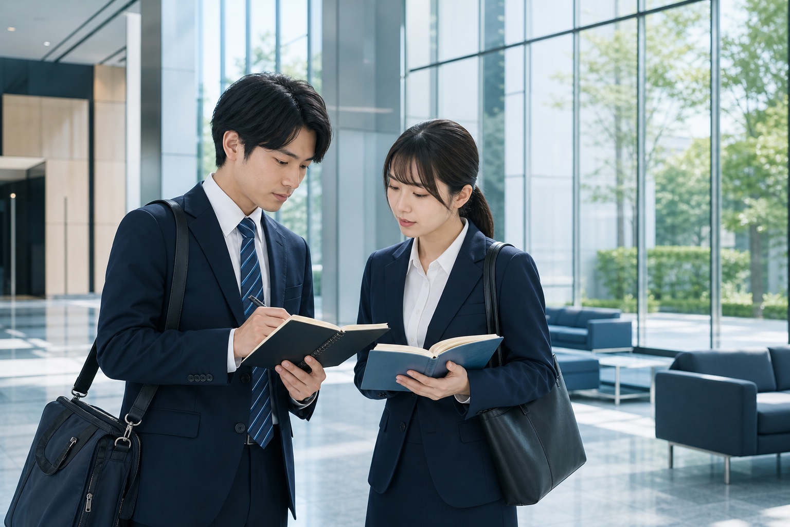 企業説明会後にオフィスビルのロビーでノートを見返す就活生の男女