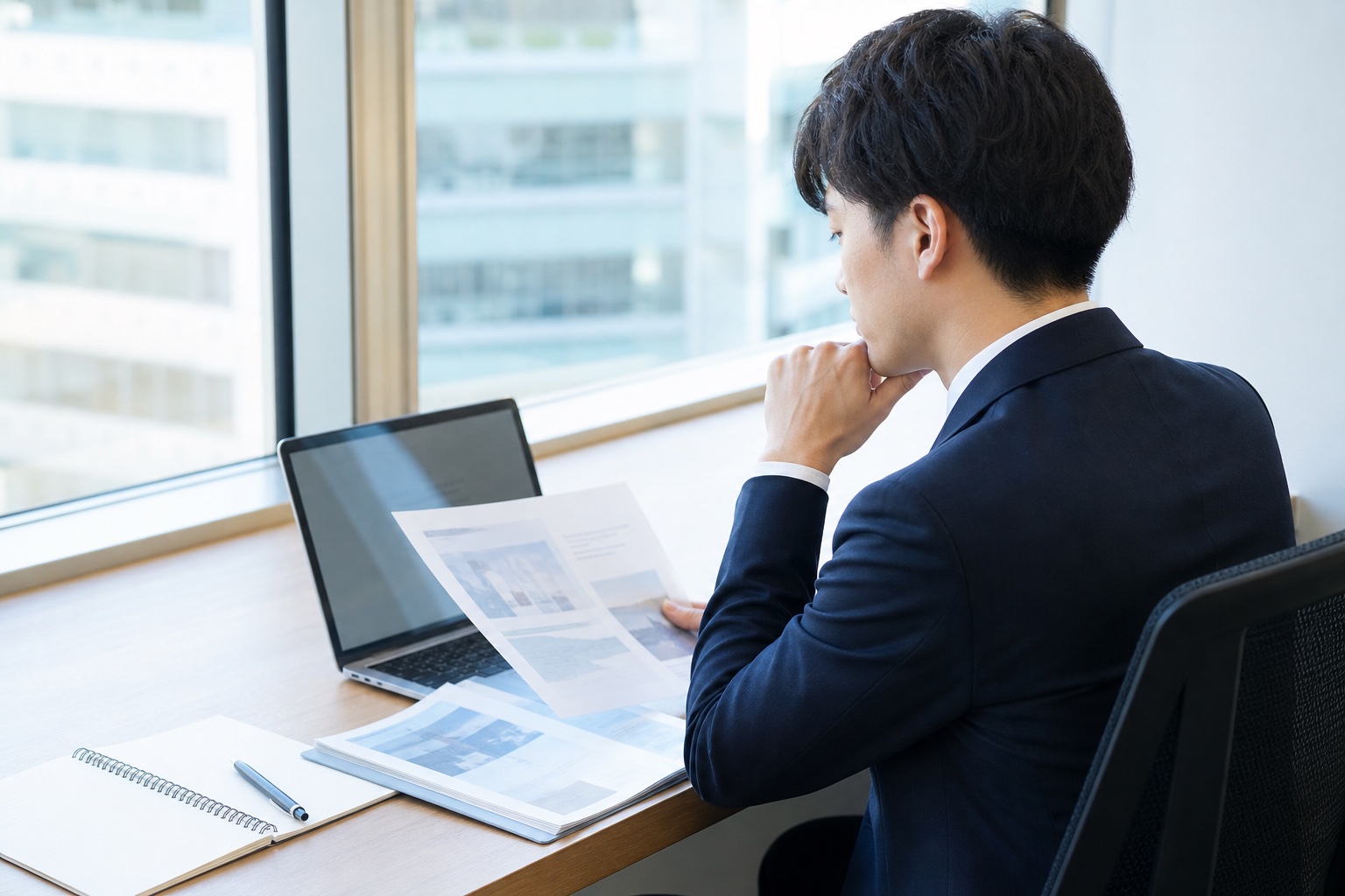 オフィスで企業研究の資料とノートパソコンを前に考え込むスーツ姿の就活生