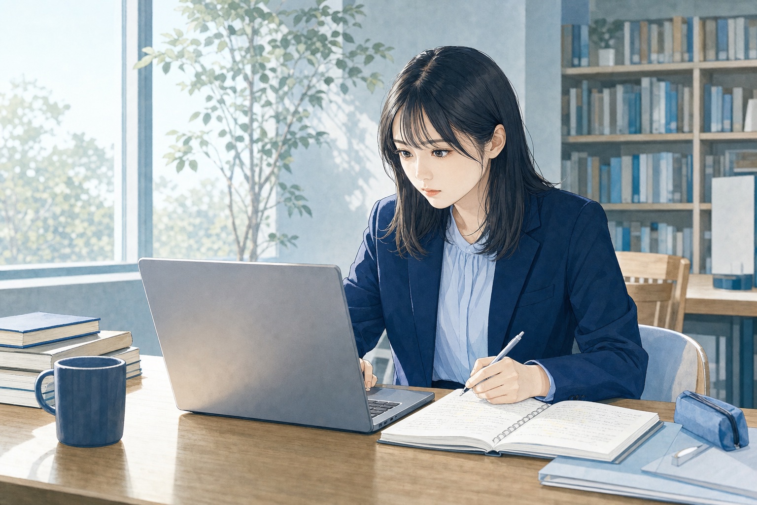 就活生の女性が図書館でノートパソコンとノートを広げて企業研究をしている様子のイラスト