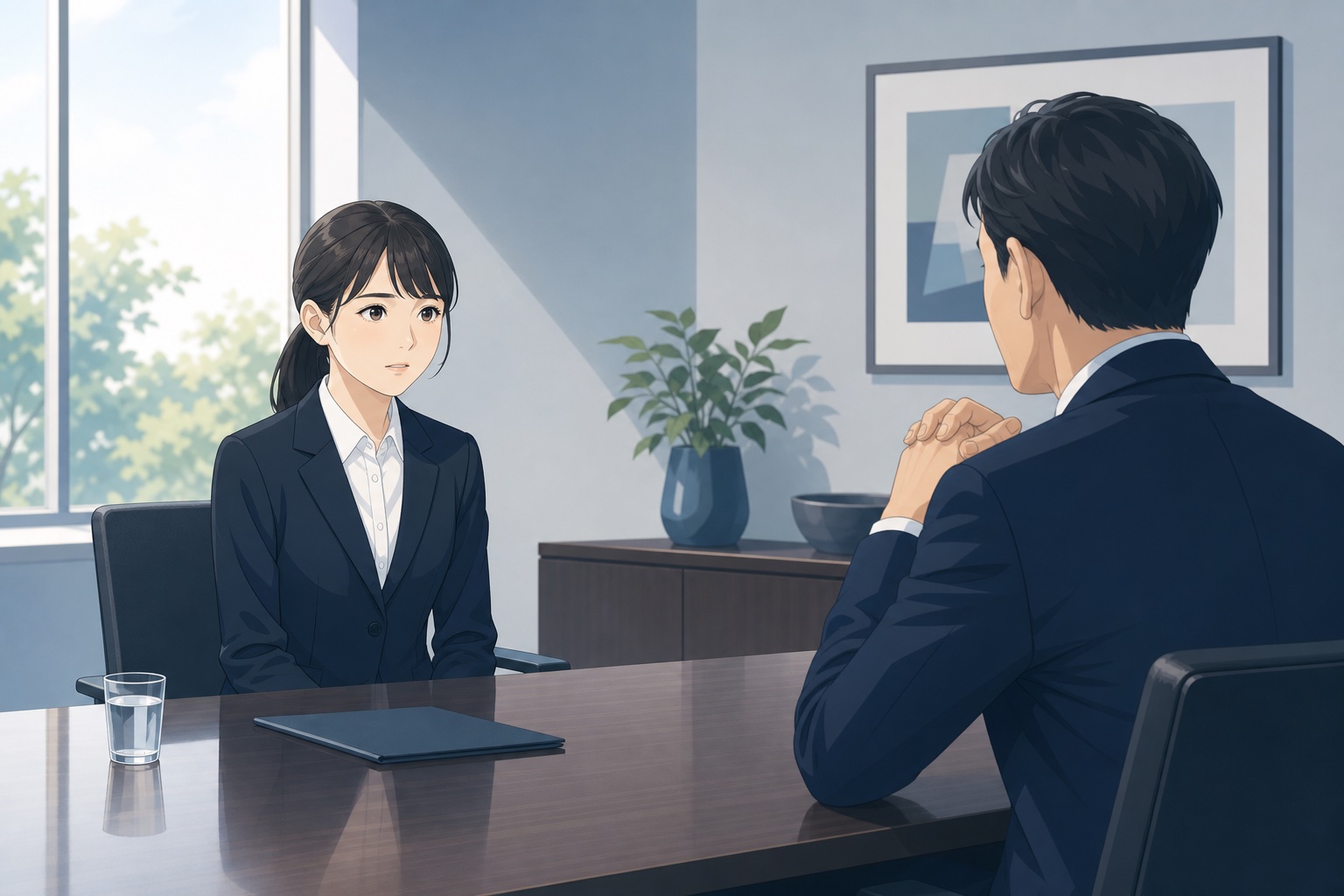 応接室で面接官と向き合い、相手の態度を冷静に観察する就活中の学生のイラスト