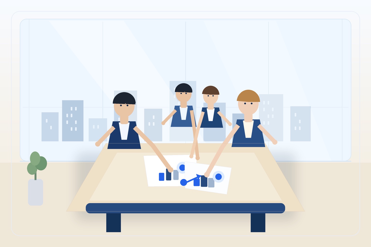 外資系企業のガラス張り会議室で日本人と外国人の社員が資料を囲んで議論している様子のイラスト