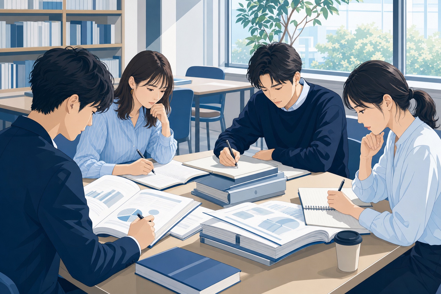 就活生が図書館で企業の決算資料を広げながら商社研究をしている様子のイラスト