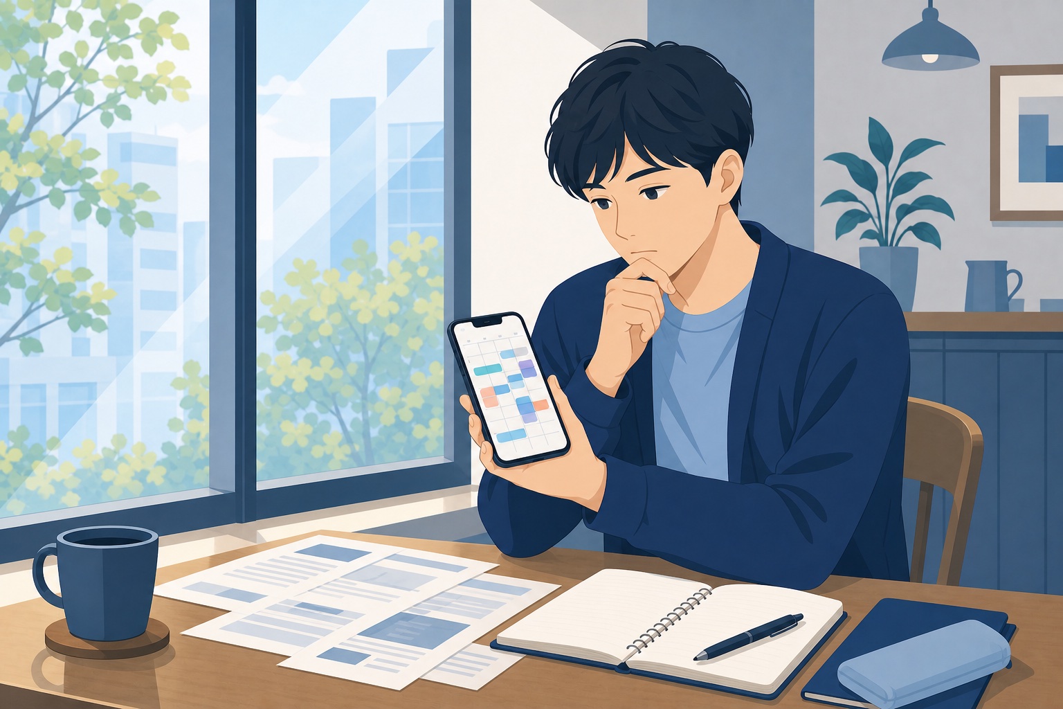 就活中の学生がカフェで求人票を見ながらスマートフォンでカレンダーを確認している様子のイラスト