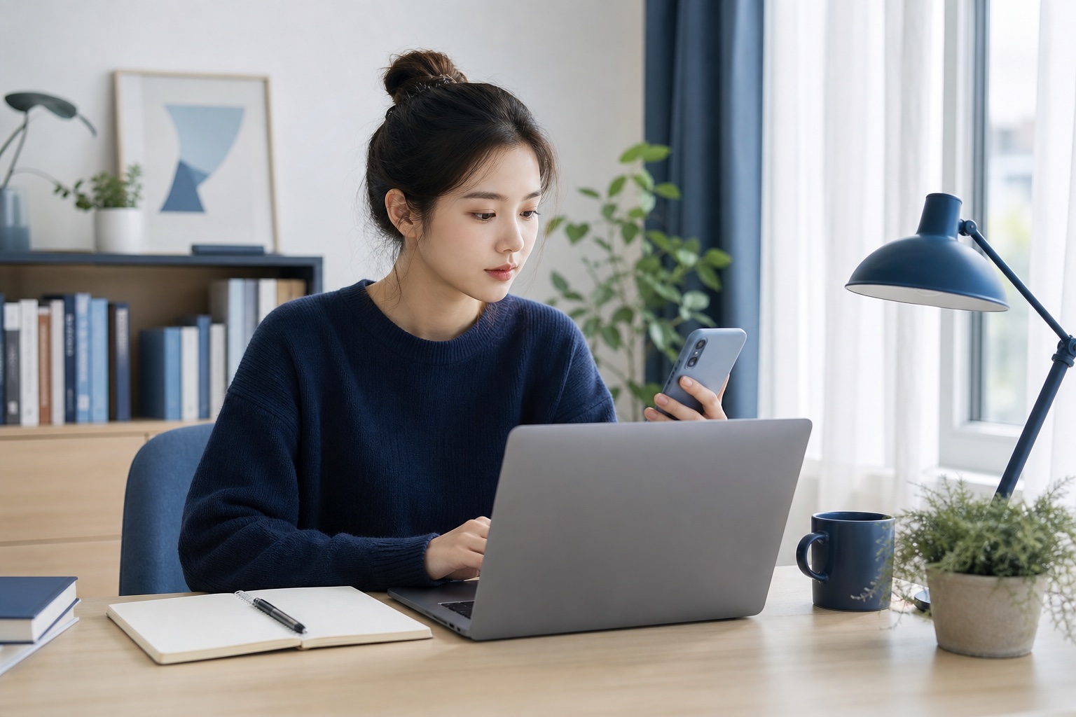 就活生の女性が自宅でノートパソコンとスマートフォンを見比べながら企業の採用ページを調べている様子