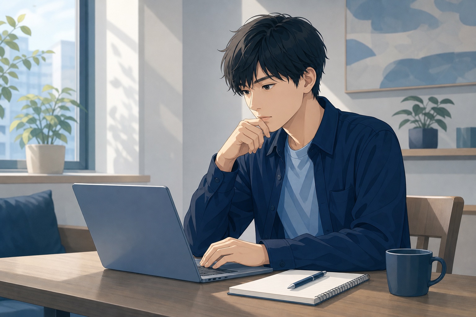 就活生が自宅でノートパソコンの画面を見ながら情報セキュリティ企業について企業研究をしている様子のイラスト