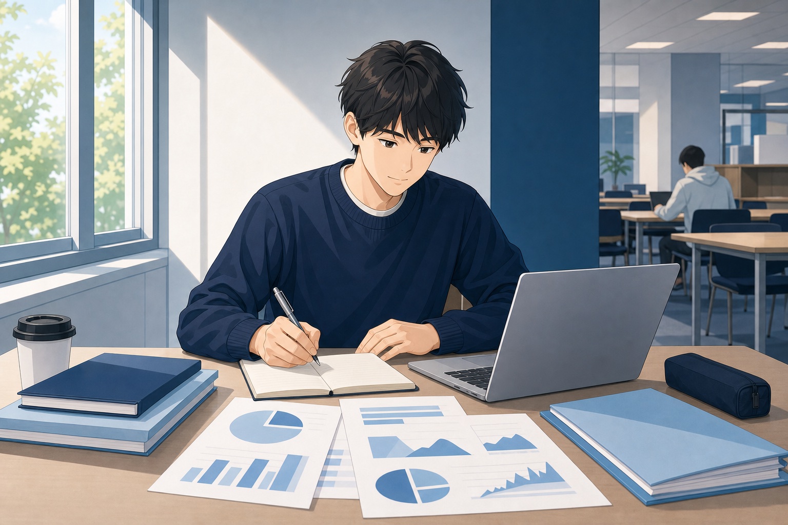 就活生がシンクタンク各社の企業研究資料を並べてノートパソコンでメモを取る様子のイラスト