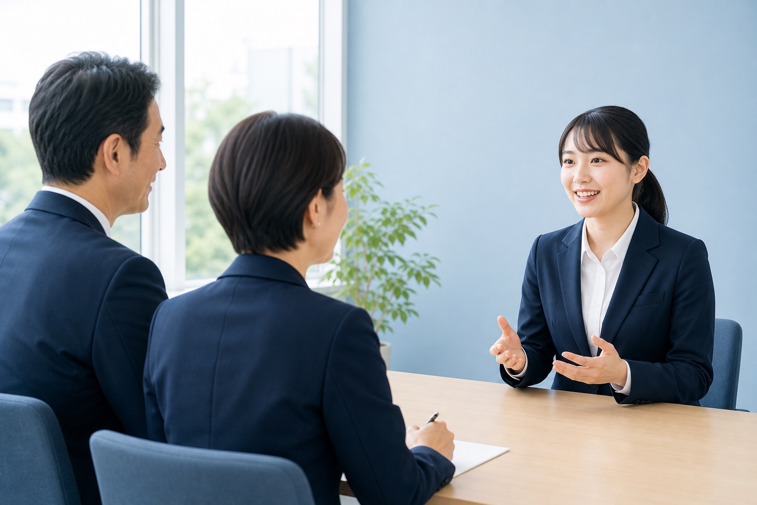 就活の面接で学生が笑顔で身振りを交えて話し、面接官二人が温かい表情でうなずきながら聞いているイラスト