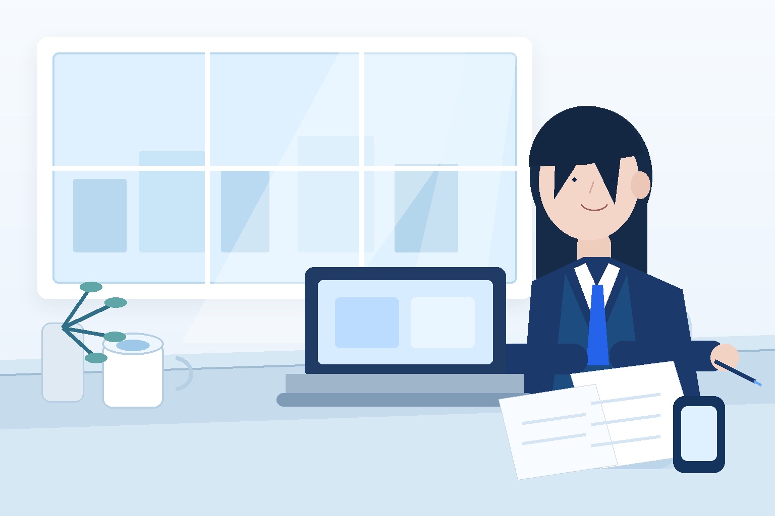 就活スーツ姿の学生がカフェでノートパソコンと書類を見ながら企業研究をしている様子のイラスト