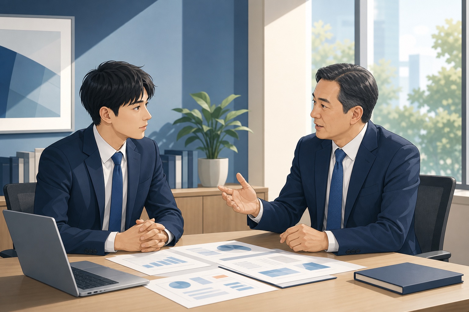 オフィスで若手社会人が先輩社員から企業研究について話を聞いている様子のイラスト