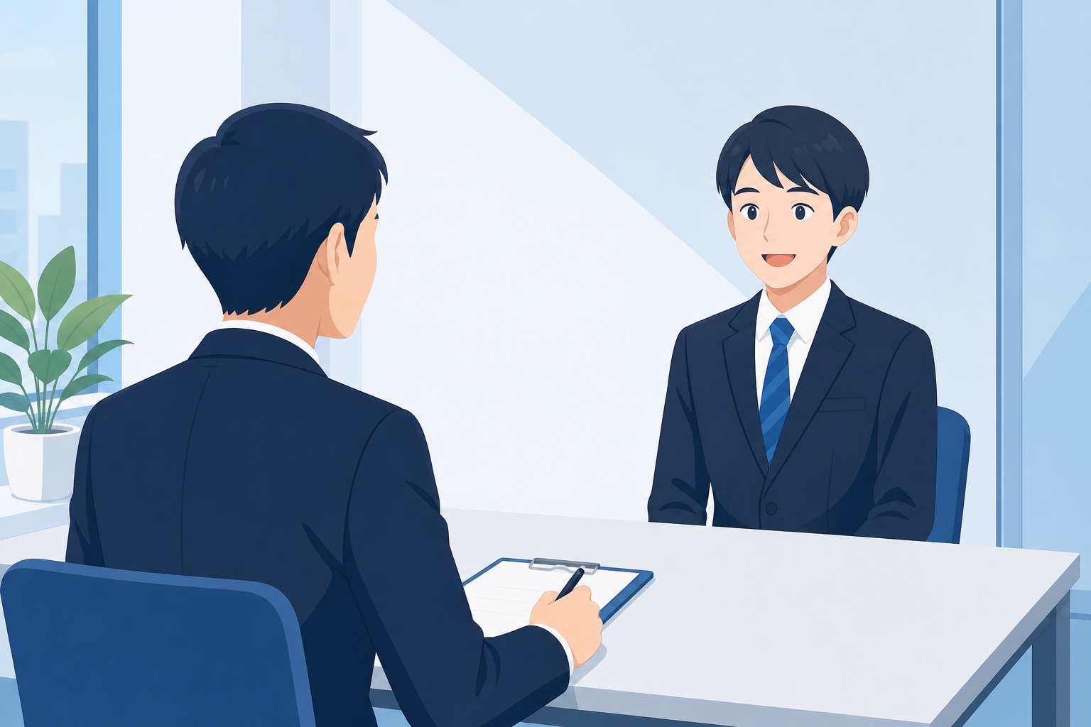 就職活動中の大学生が面接官と向き合い笑顔で会話をしている面接シーンのイラスト