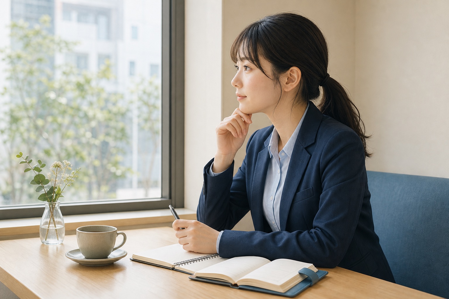 就活生がカフェの窓際でノートと手帳を広げ考え込んでいる横顔のイラスト