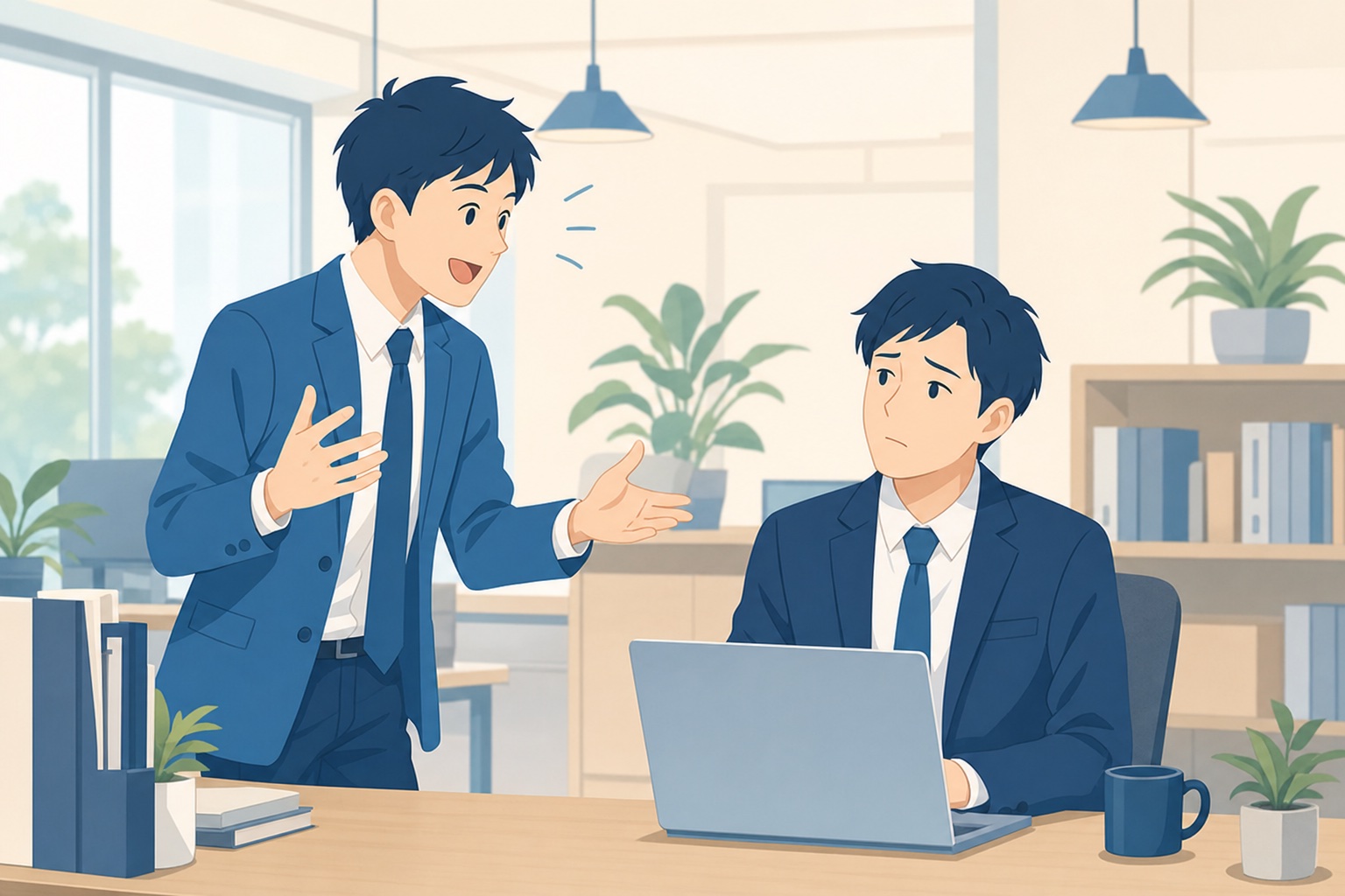 明るく話しかける若手社員と、デスク越しに少し困った表情で話を聞く同僚を描いたオフィスのイラスト