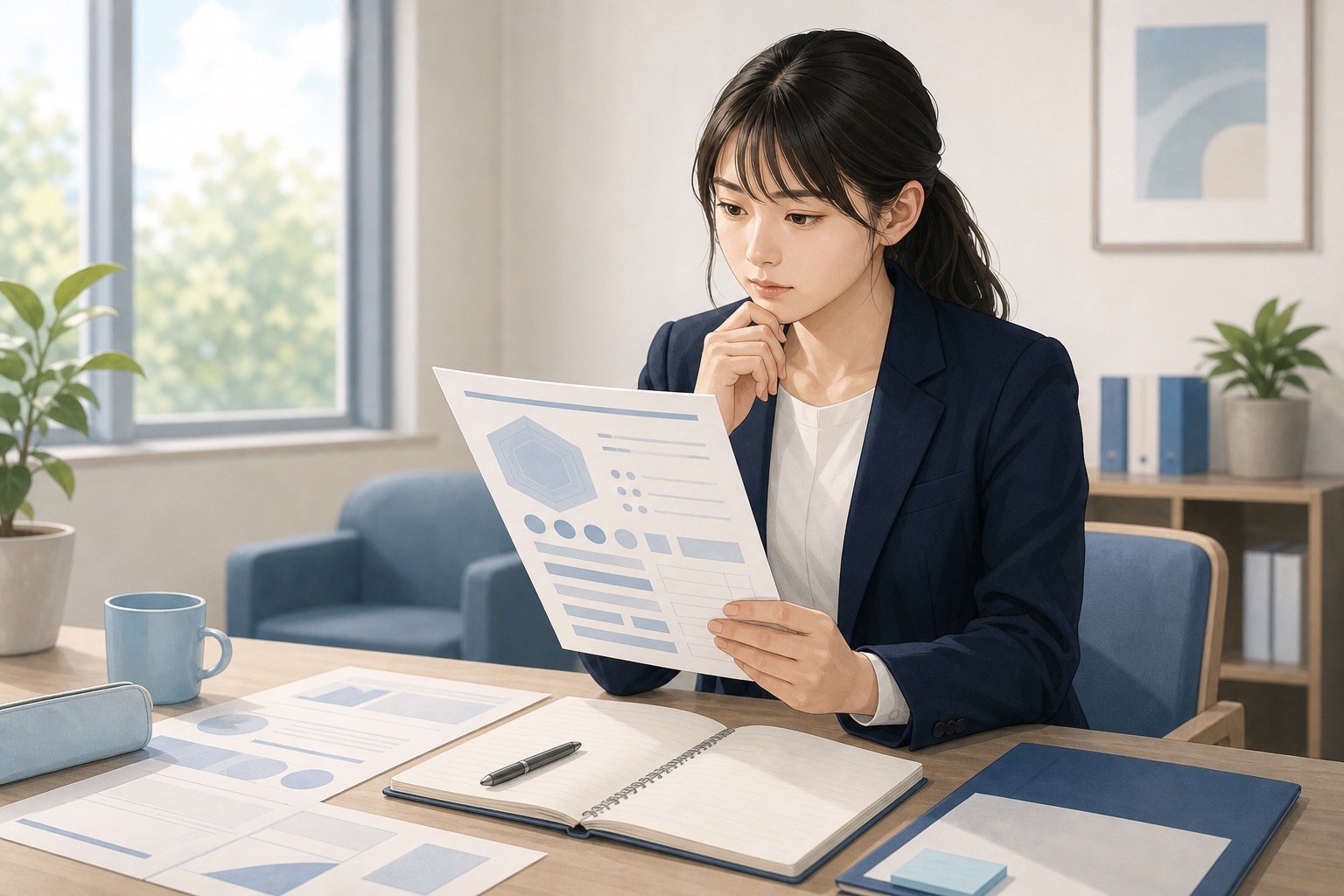 就活中の学生が自己分析シートを見ながら考え込む様子のイラスト
