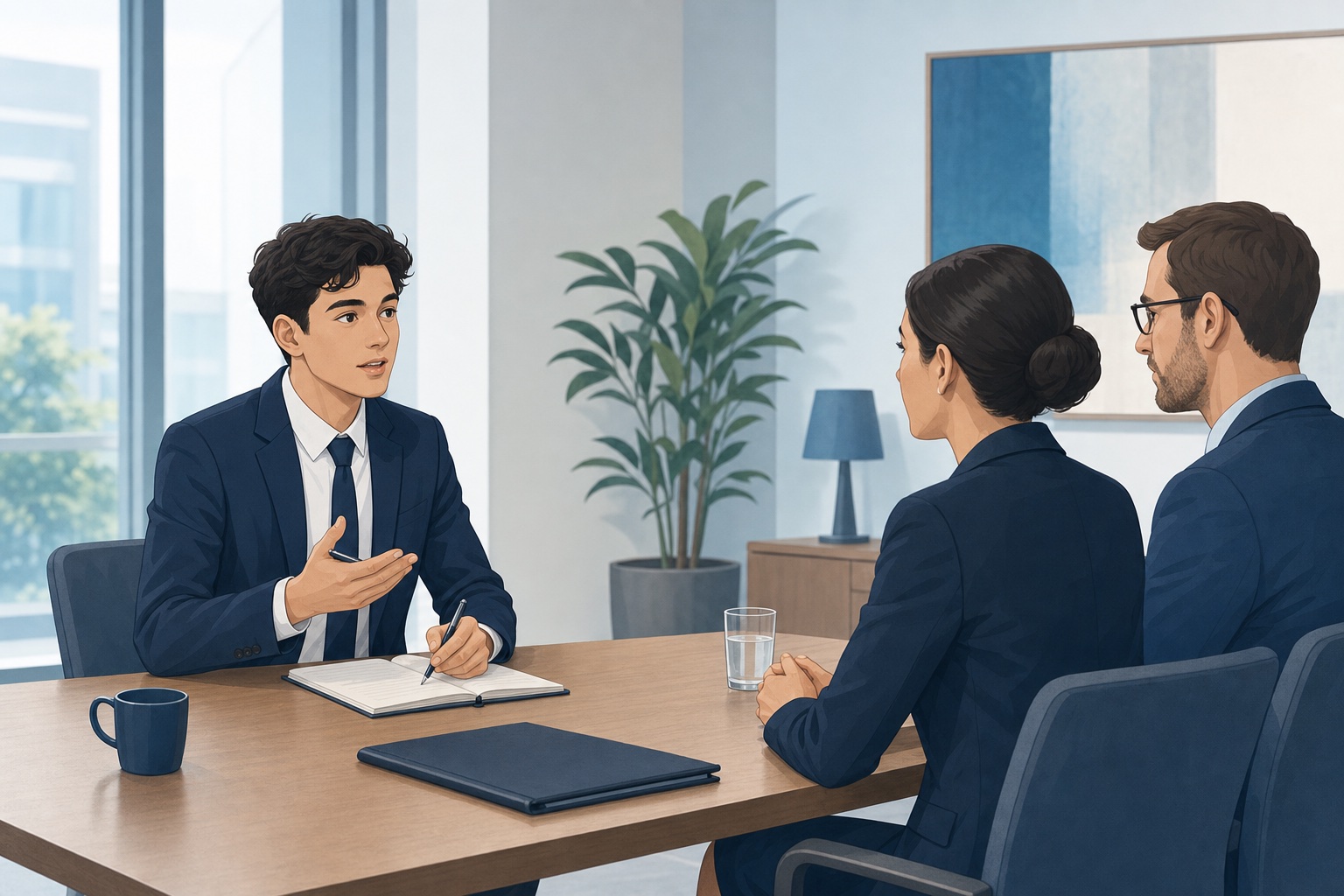 就活生が面接官と向き合いメモを取りながら質問をしている面接の様子を描いたイラスト