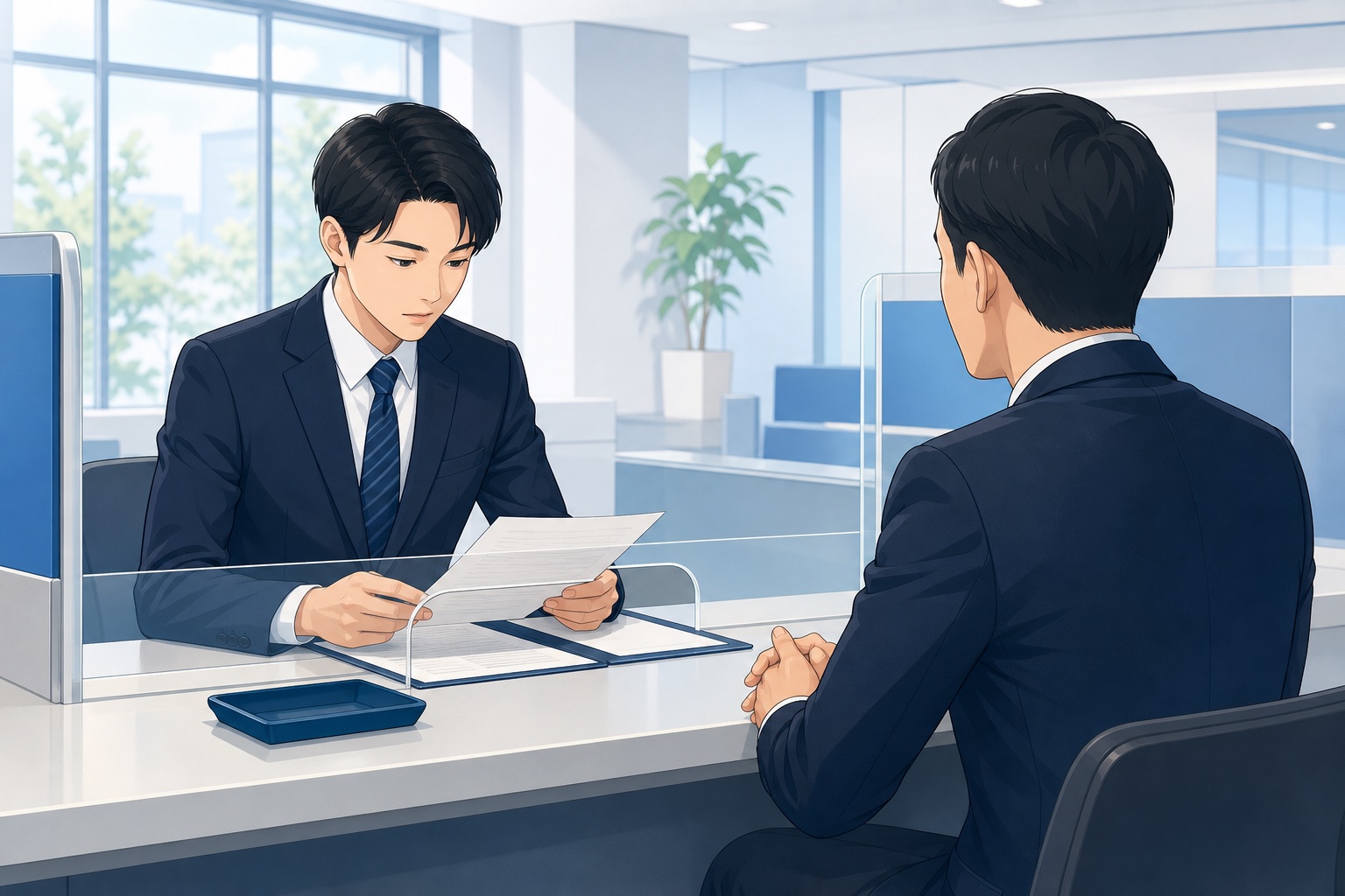 スーツ姿の就活生が銀行の窓口カウンター越しに面接担当者と真剣な表情で向き合っているイラスト
