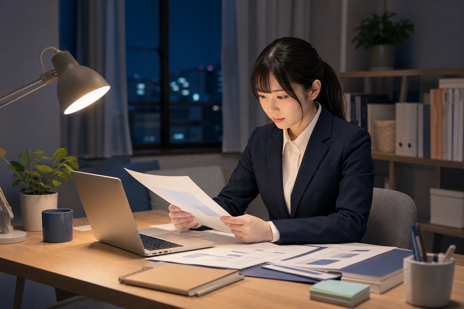 夜の自宅の机でノートパソコンと資料を広げ、就職活動の企業研究をする20代女性のイラスト