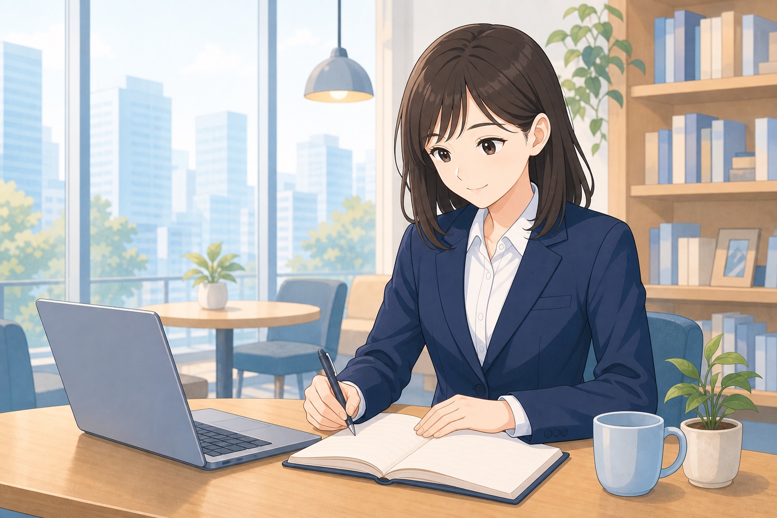 スーツ姿の就活生の女性がノートパソコンとノートを広げて企業研究をしている様子のイラスト