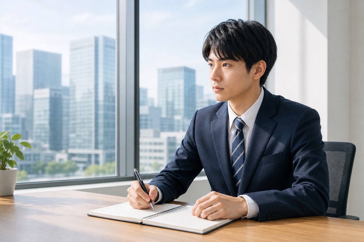 オフィスでケース面接の練習をするスーツ姿の就活生