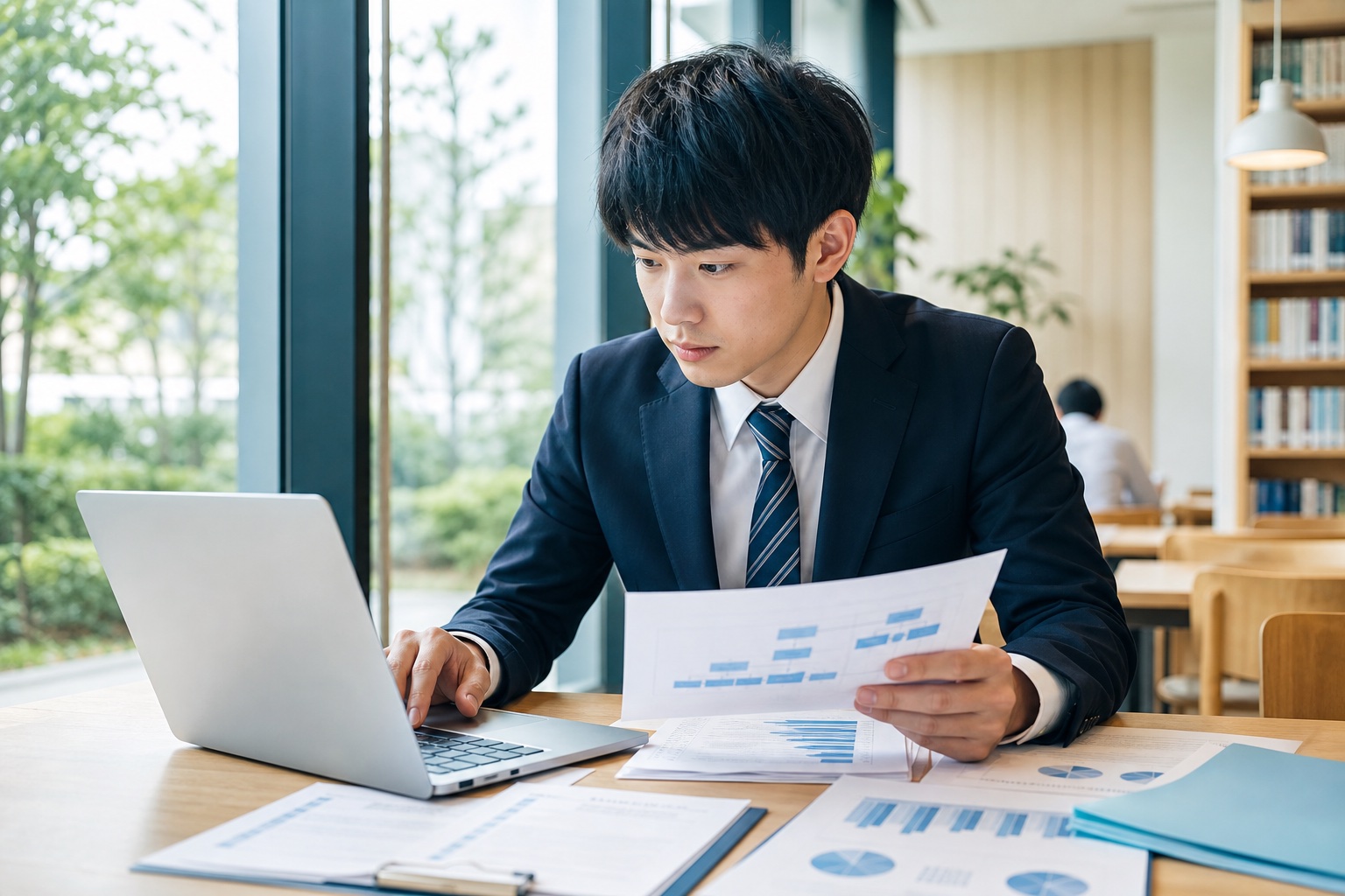 スーツ姿の就活生がノートパソコンと資料を使って企業のグループ構造を調べている様子