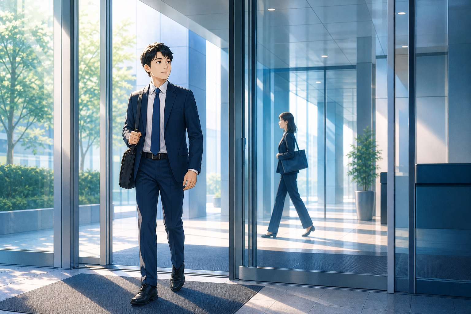 朝の出社時間にオフィスビルのエントランスを通る社会人の様子