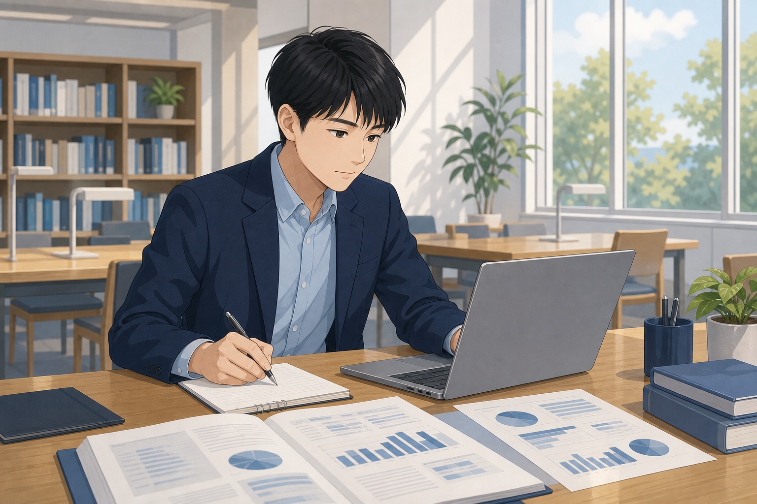 就活生が図書館でノートパソコンと企業の資料を確認しながらメモを取っている様子