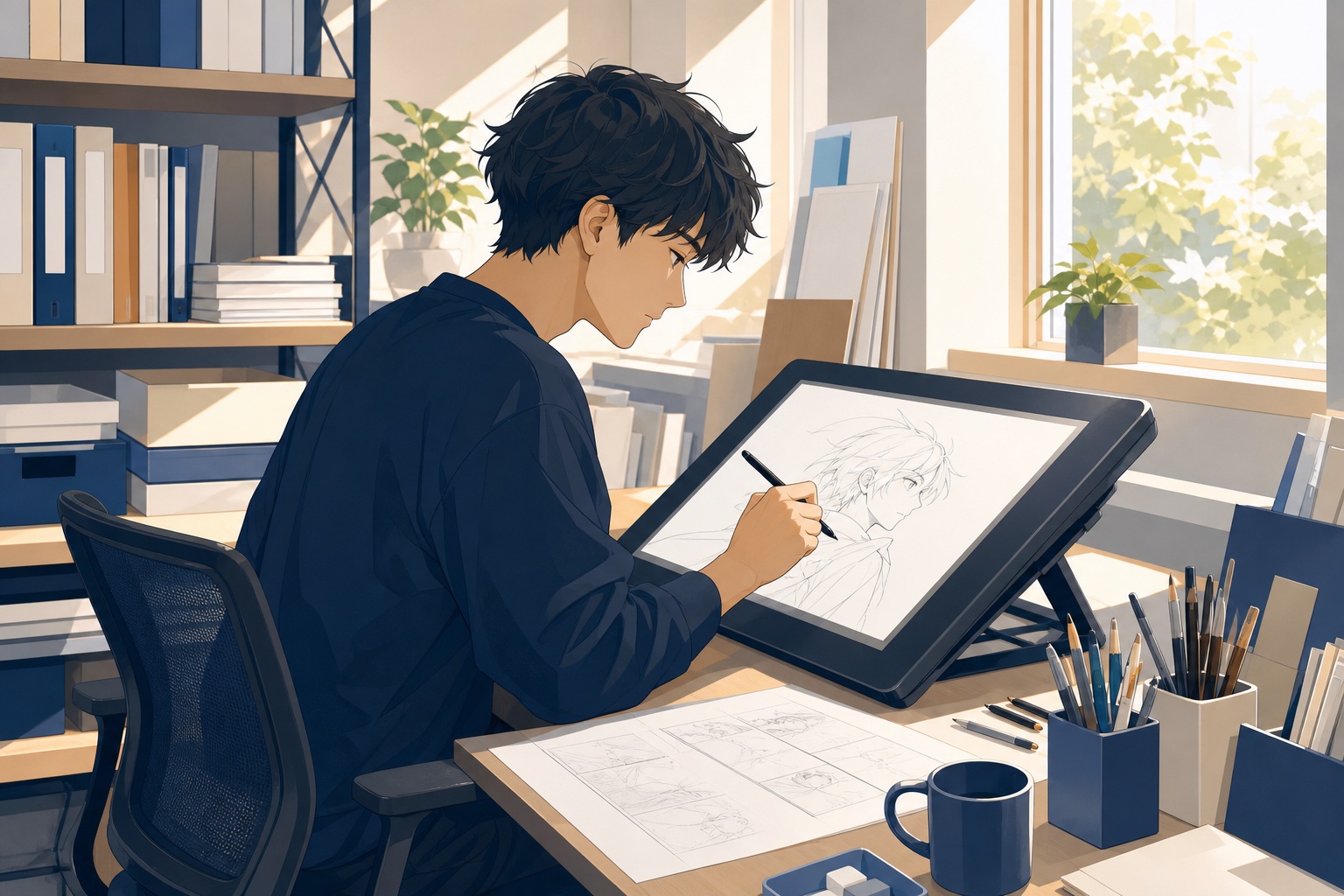明るいスタジオで液晶タブレットを使い作画するアニメーターの様子