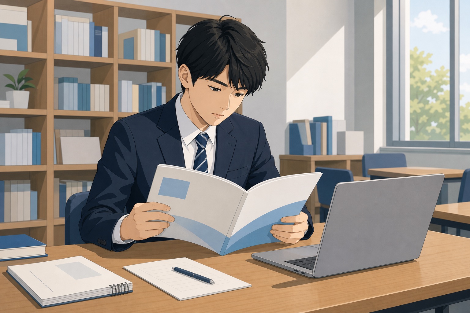 就活資料室で有価証券報告書とノートPCを広げ企業研究をする男子学生のイラスト