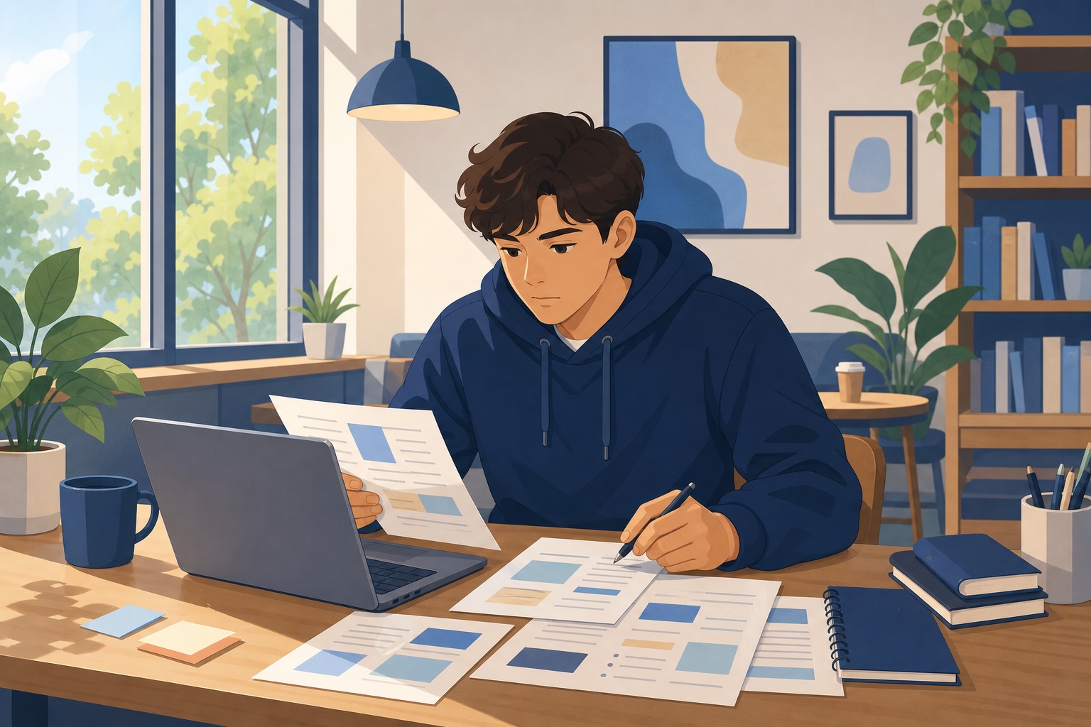 大学生が自習室で企業比較のメモとノートパソコンを見比べているイラスト