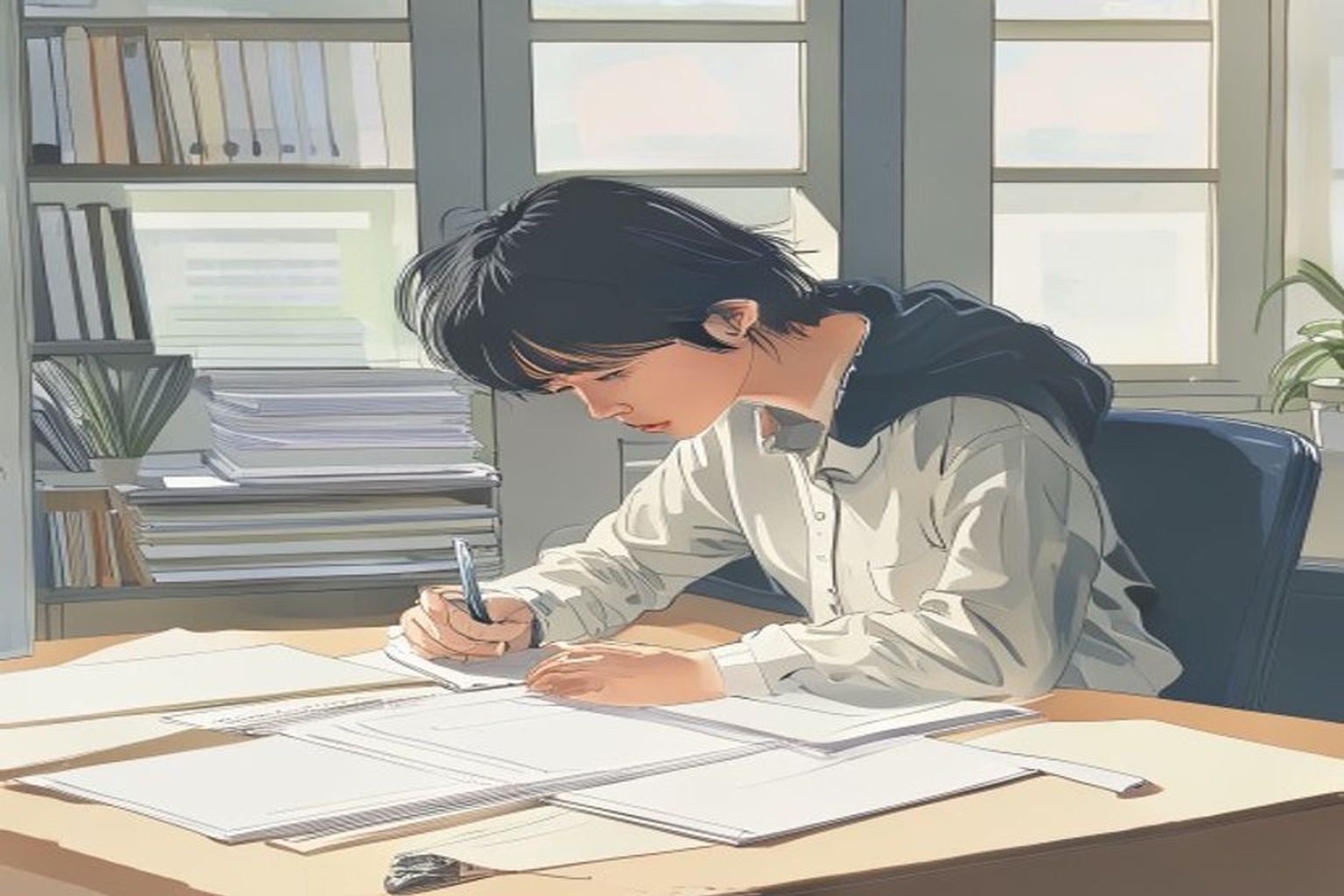 大学のキャリアセンターでOB名簿や企業資料を見ながらメモを取る就活生のイラスト