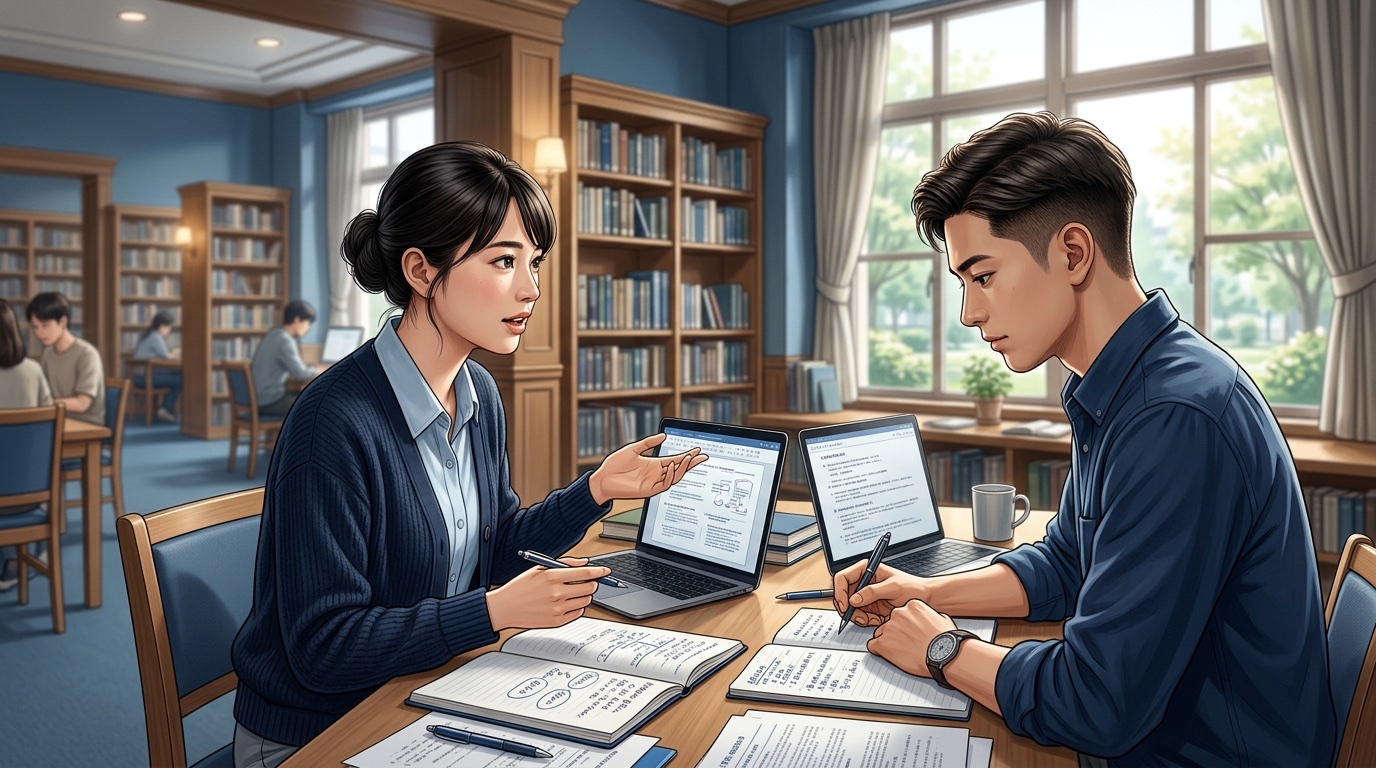大学の図書館で就活中の学生2人がノートパソコンと企業研究ノートを広げて話し合う様子のイラスト