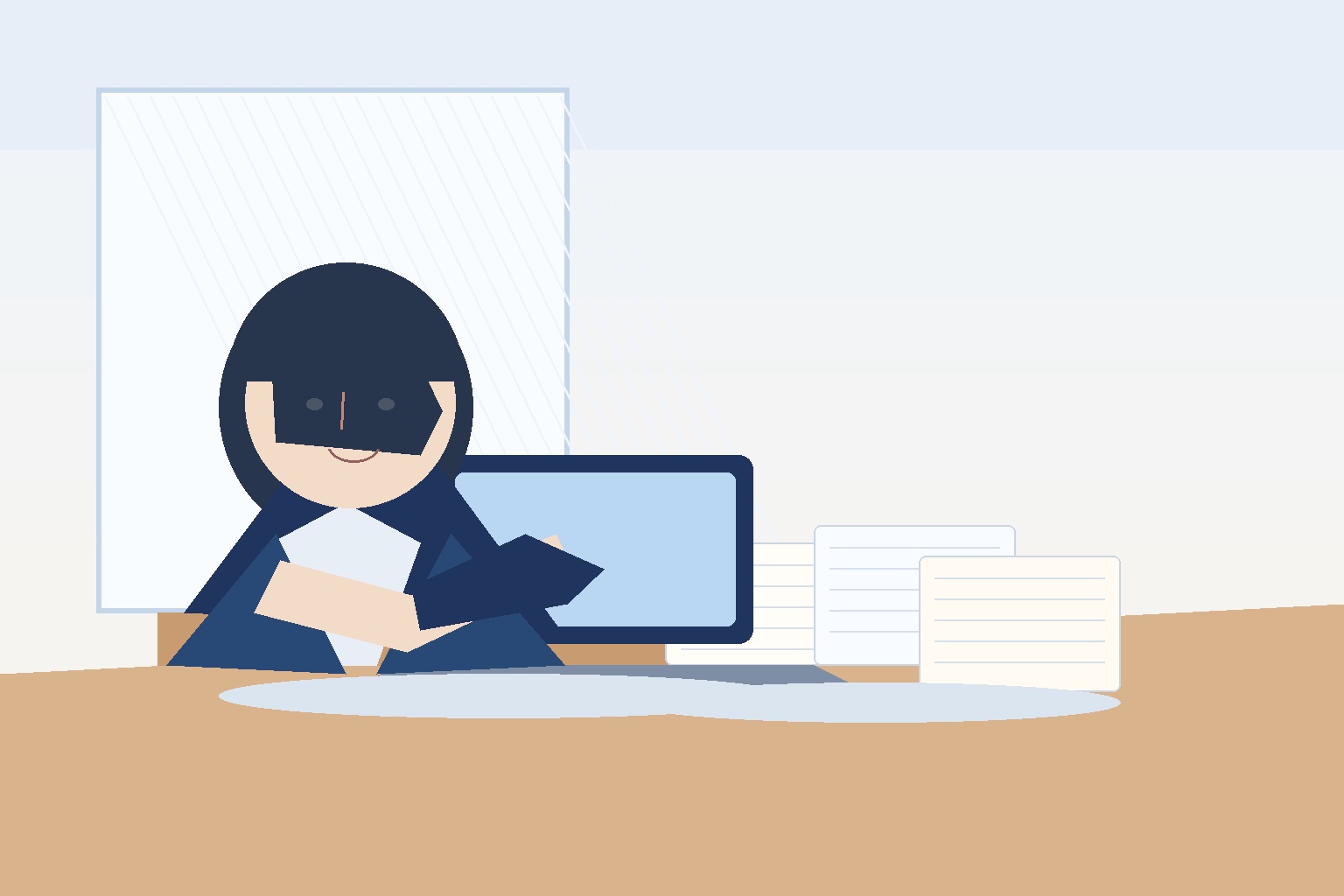 大学図書館でノートパソコンと企業資料を広げて企業研究をする就活生のイラスト