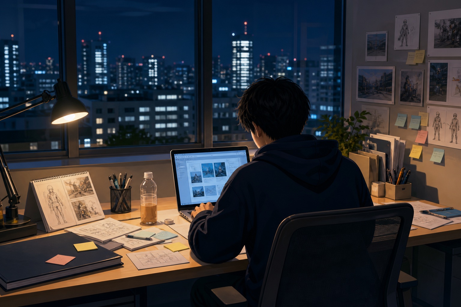 夜の大学自習室でノートパソコンに向かい、ポートフォリオ資料をまとめる学生の後ろ姿