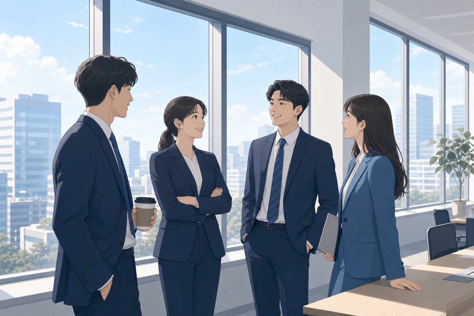 オフィスの窓際でスーツ姿の若手社員たちが笑顔で会話している様子