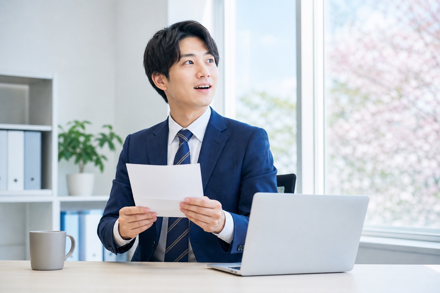 給与明細を手にしたスーツ姿の新入社員がオフィスのデスクで前向きな表情を見せているイラスト