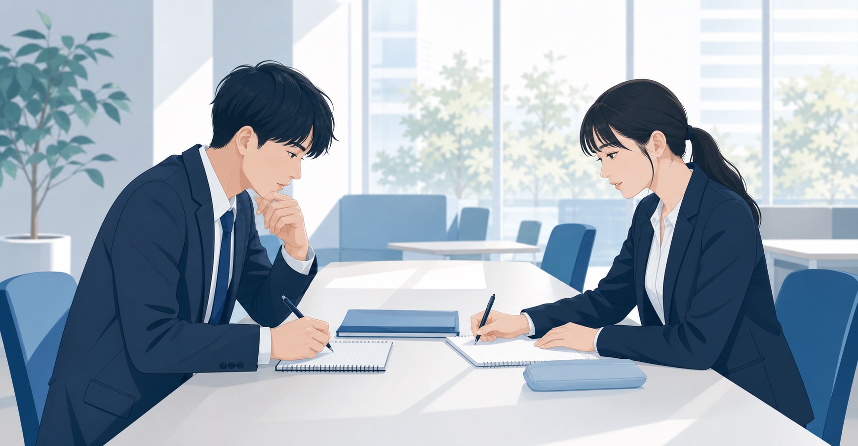 就活生の男女2人がノートに希望条件を書き出しながら真剣に相談している様子のイラスト