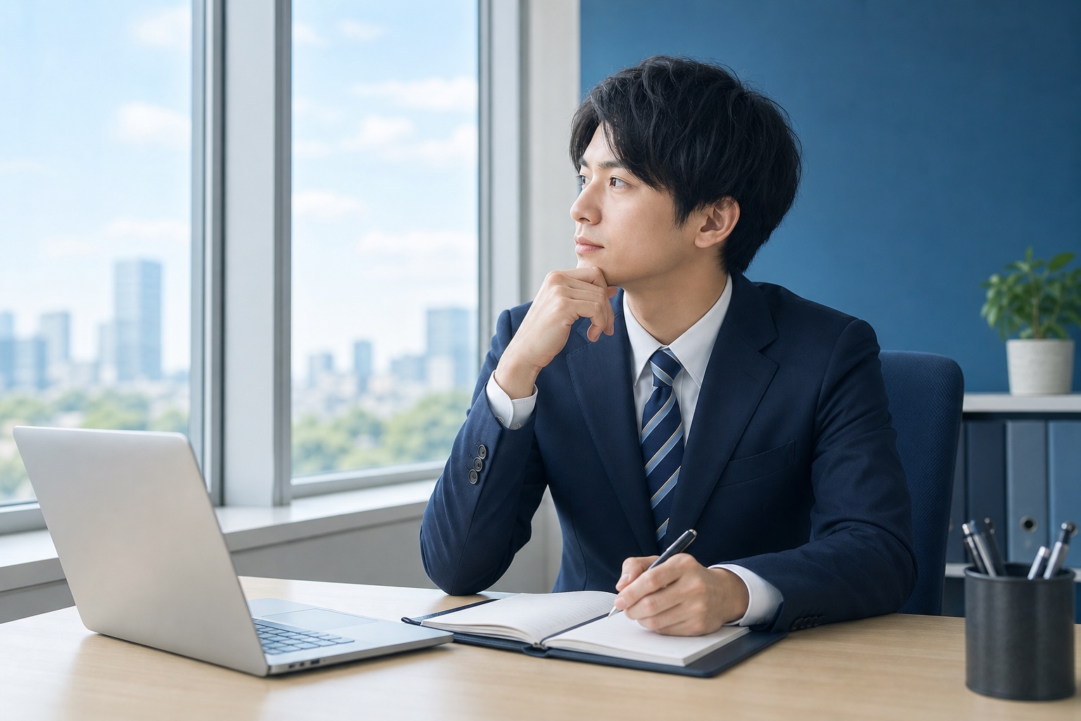 オフィスの窓際でノートパソコンと手帳を前に考え込む20代のスーツ姿の就活生のイラスト