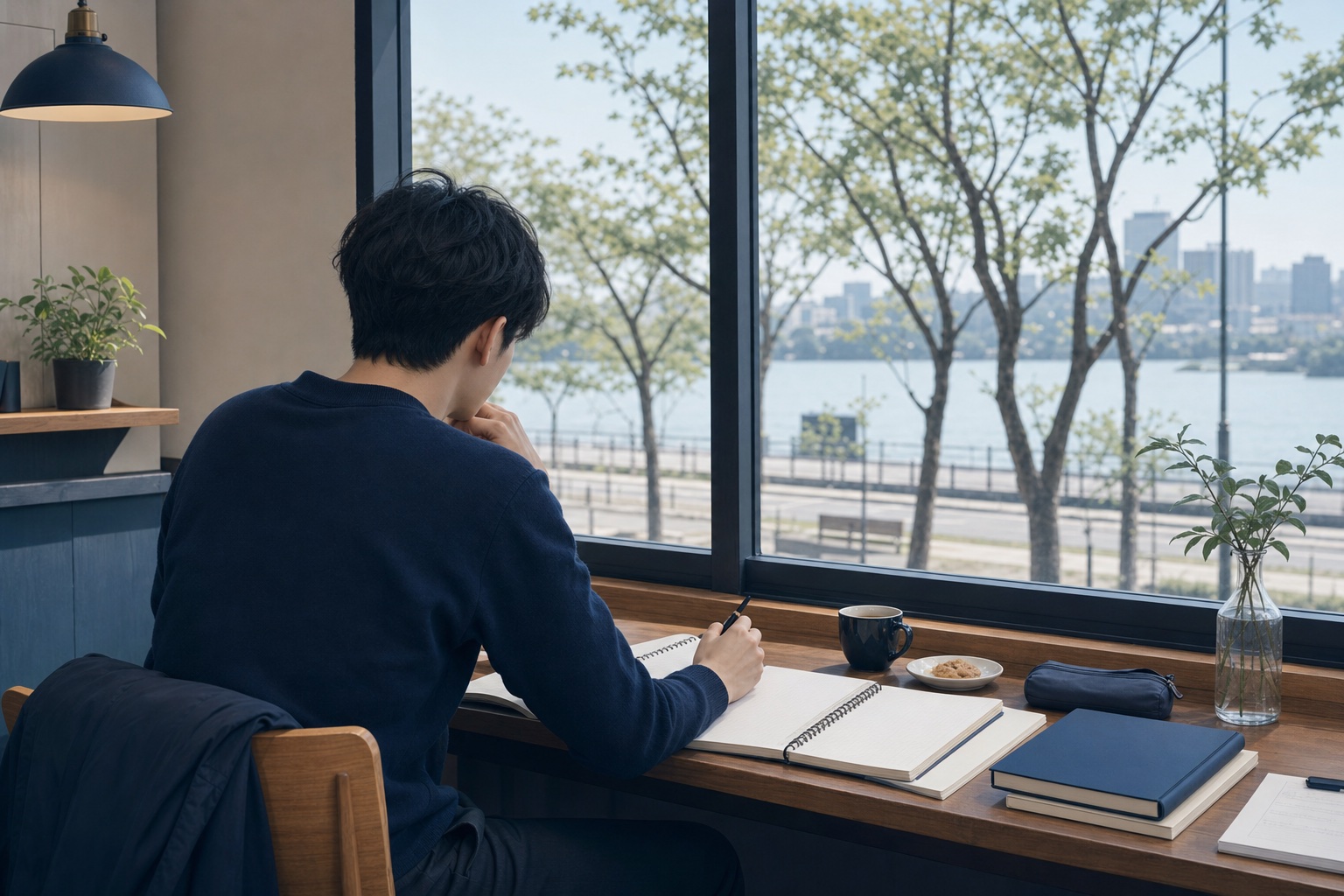カフェの窓際でノートを広げて仕事の条件を書き出しながら考え込む20代就活生の後ろ姿のイラスト