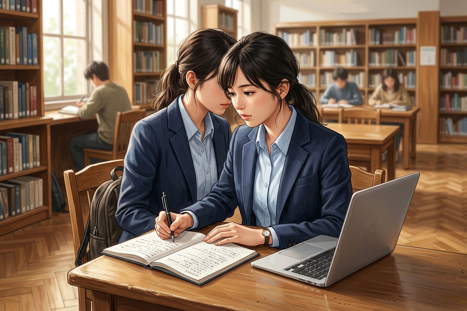就活生が大学の図書館でノートパソコンと企業研究のノートを広げてメモを取っている様子のイラスト