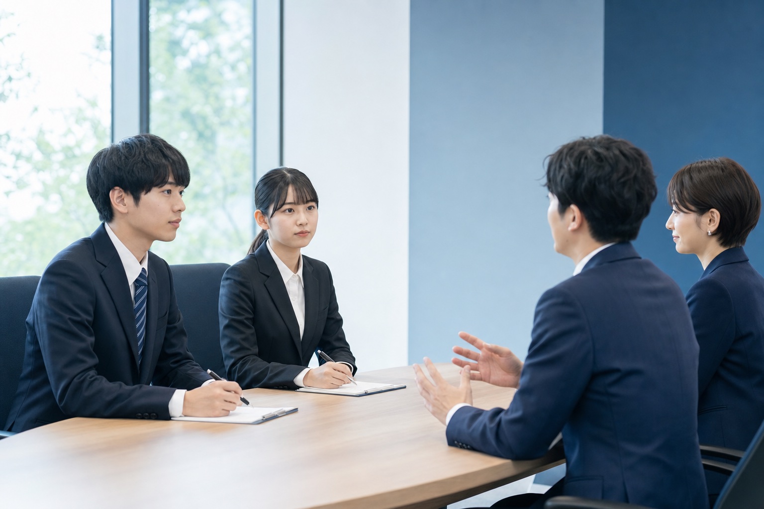 就活生が企業説明会やOB訪問で先輩社員から話を聞いている様子のイラスト
