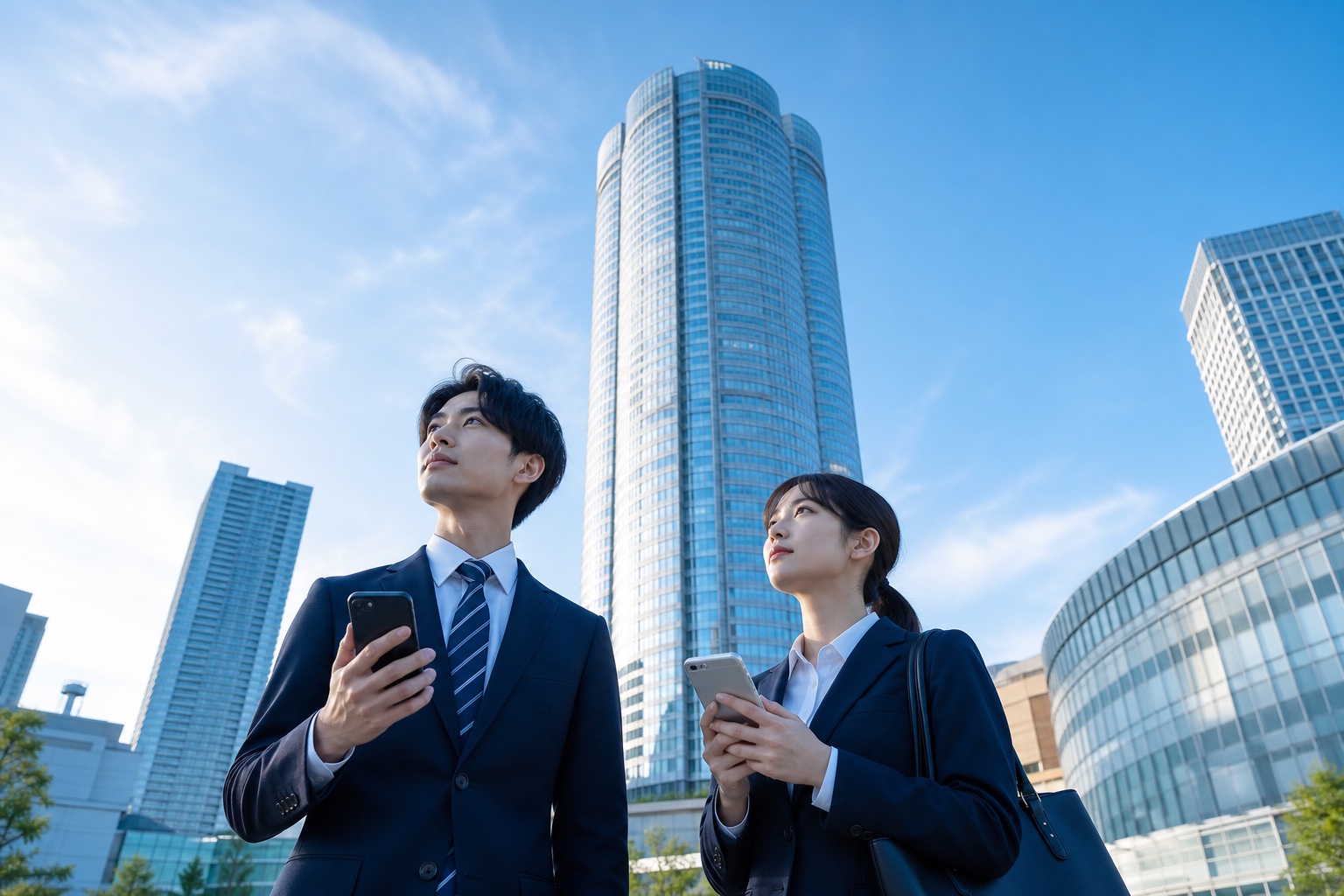 スーツ姿の就活生2名が六本木ヒルズ森タワーを見上げながらスマートフォンで企業情報を確認している様子