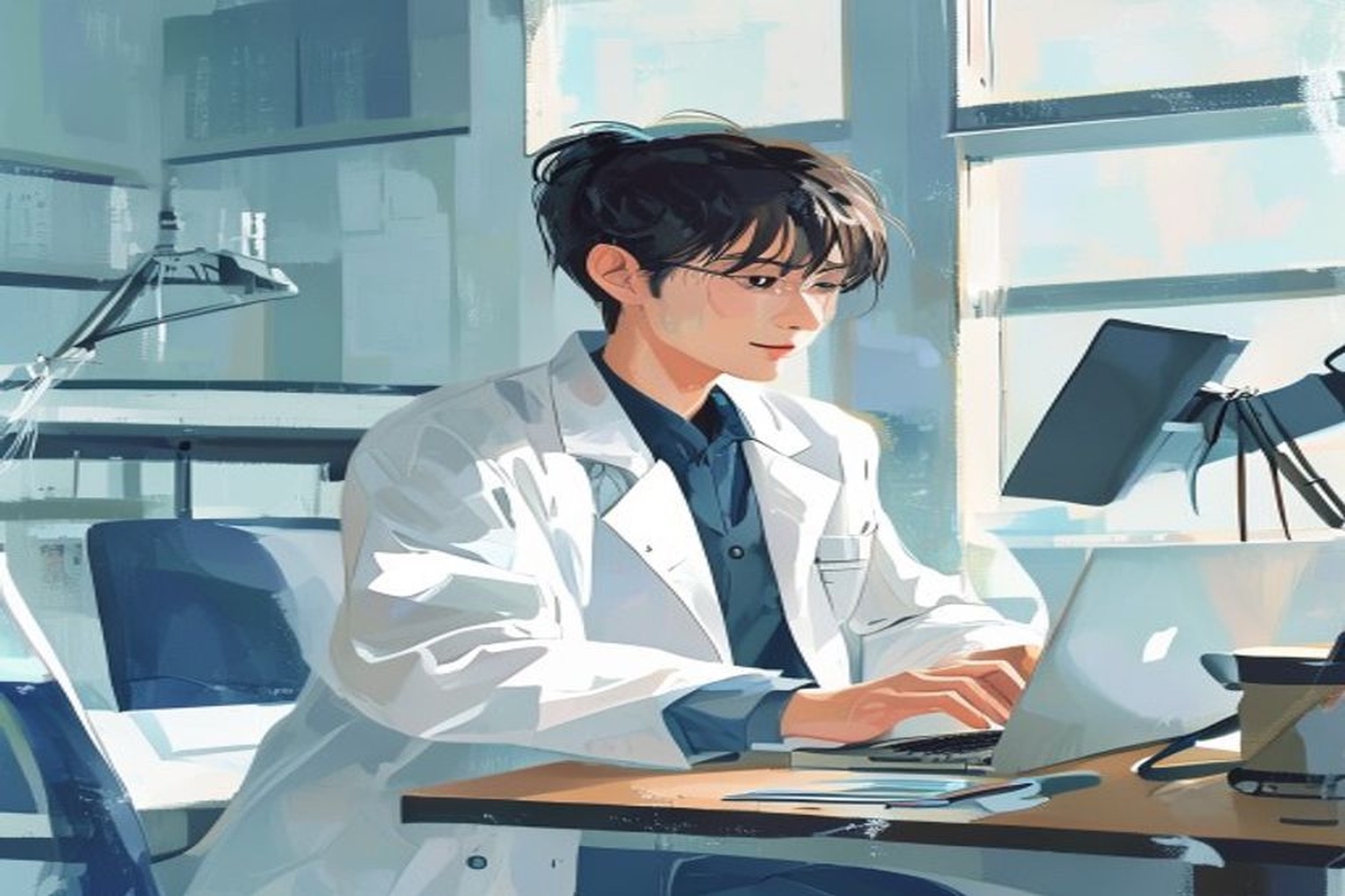 白衣を着た理系の大学院生が研究室でノートパソコンを使い企業研究をしている様子のイラスト