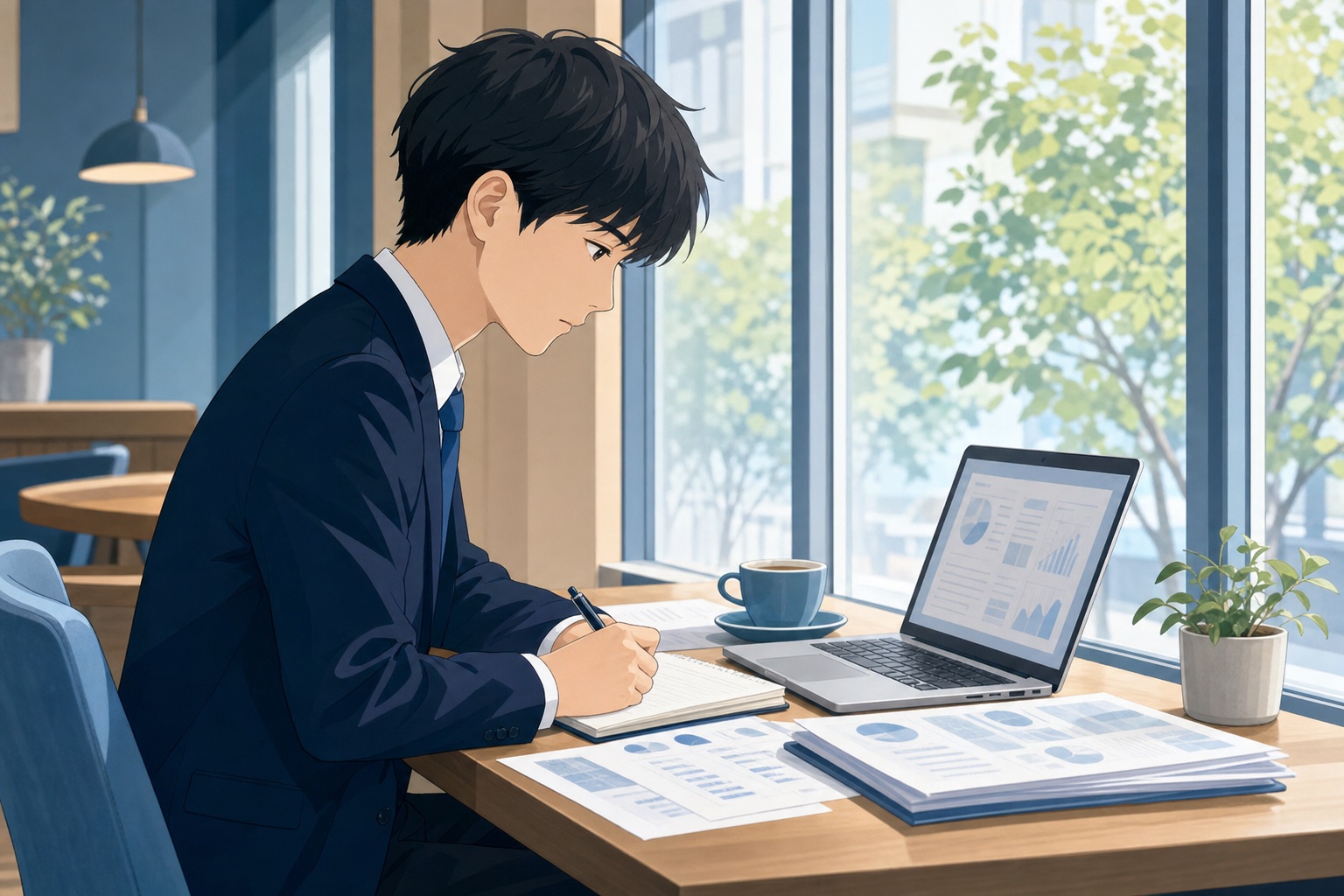 就活生がカフェの窓際で企業研究資料とノートパソコンを見ながらメモを取っているイラスト