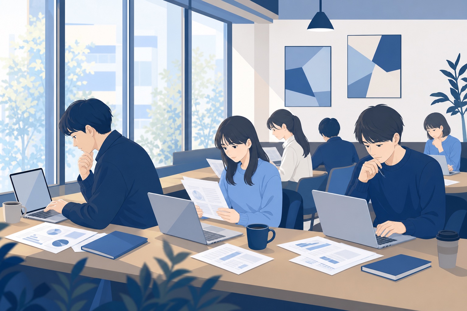 カフェで就活生数人がノートパソコンや資料を広げて企業研究をしている様子のイラスト